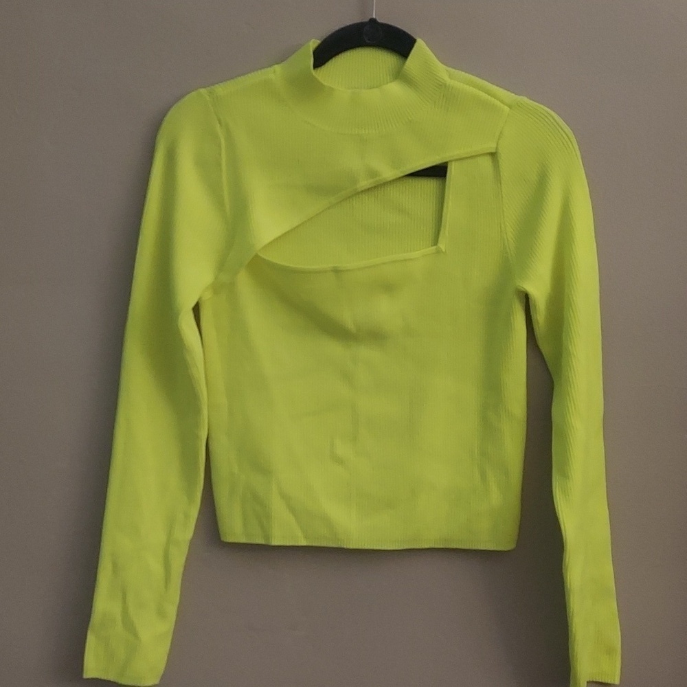 BAR III Neon Yellow Long Sleeve Mockneck Cutout Cropped Ribbed Top